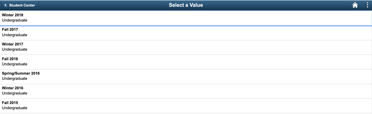 Select a Value page in MyServiceHub showing available terms to select.