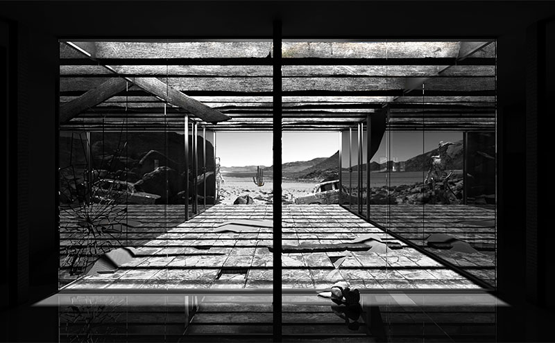 Image: (Lan) Judy Zhou. Image: (Lan) Judy Zhou. Point of view of a room inside a deteriorating building leading to open view of desert.